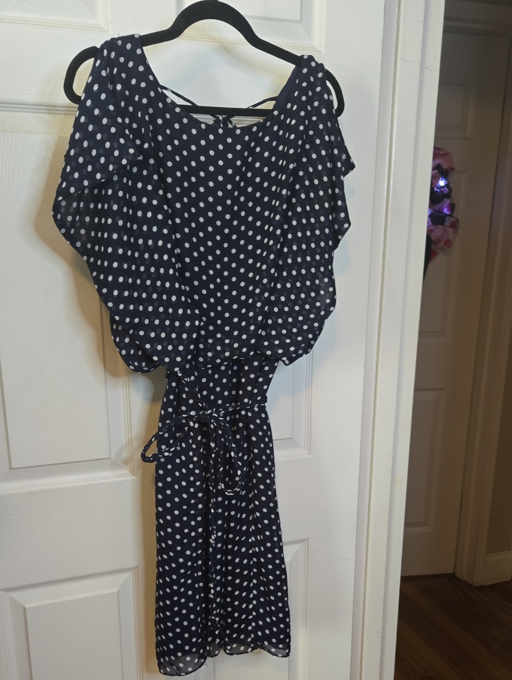 Olivia Matthews Navy and White Polka Dot Cold-Shoulder Midi Dress